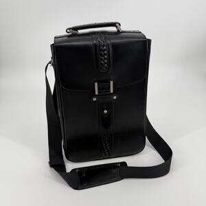 Wine Carrier Bag Black Genuine Leather Two Bottle Handle Strap Caddy Picnic